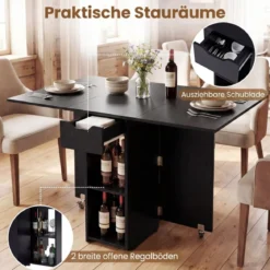 Klappbarer Esstisch mit 2 Rädern & 2-stufiger Ablagefläche & Schublade Klapptisch Schwarz
