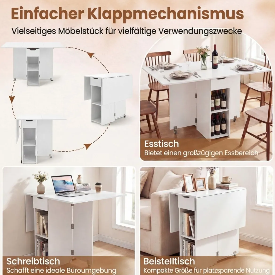 Klappbarer Esstisch mit 2 Rädern & 2-stufiger Ablagefläche & Schublade Klapptisch Weiß