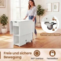 Klappbarer Esstisch mit 2 Rädern & 2-stufiger Ablagefläche & Schublade Klapptisch Weiß