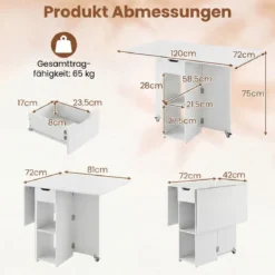 Klappbarer Esstisch mit 2 Rädern & 2-stufiger Ablagefläche & Schublade Klapptisch Weiß