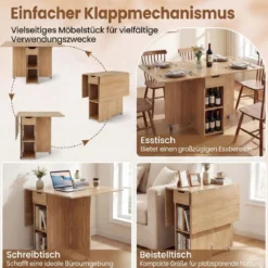 Klappbarer Esstisch mit 2 Rädern & 2-stufiger Ablagefläche & Schublade Klapptisch Natur