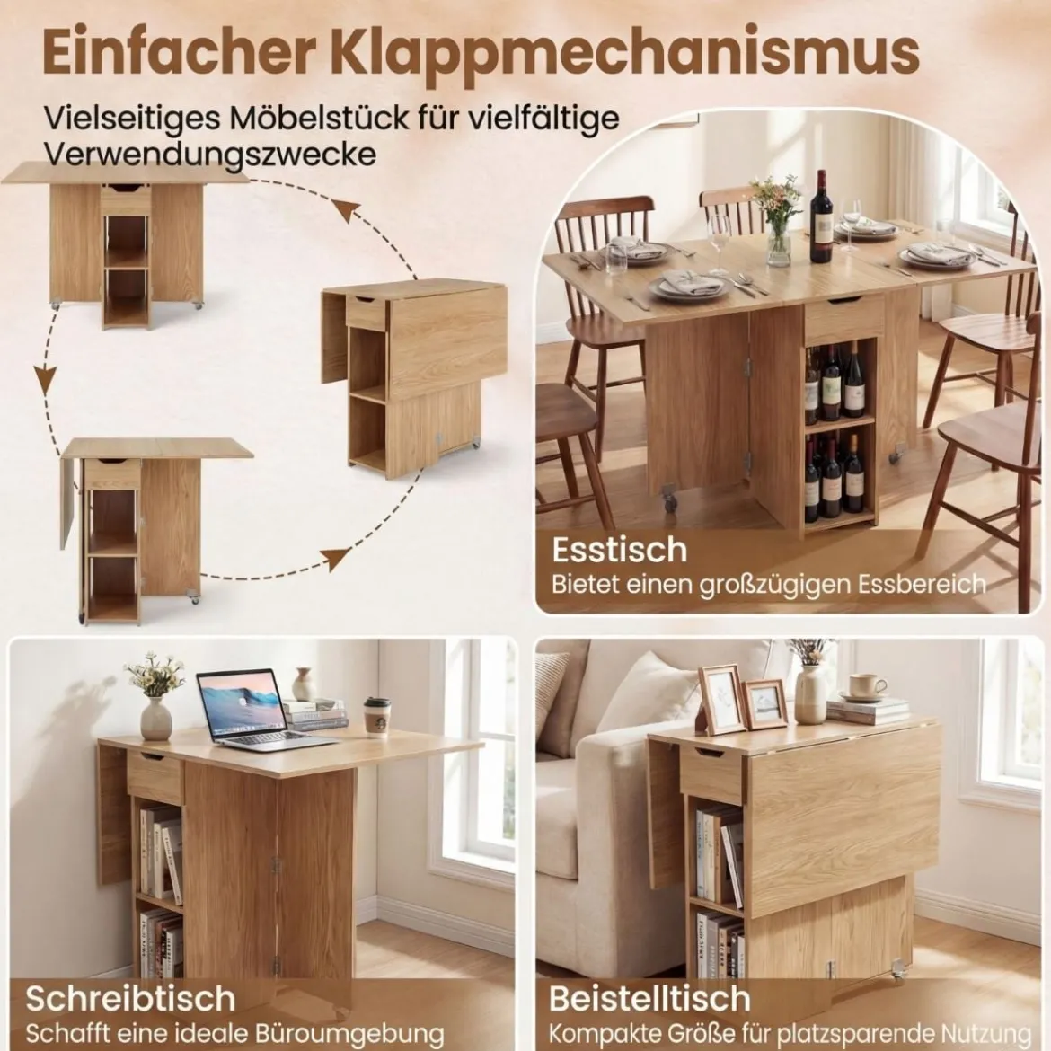 Klappbarer Esstisch mit 2 Rädern & 2-stufiger Ablagefläche & Schublade Klapptisch Natur
