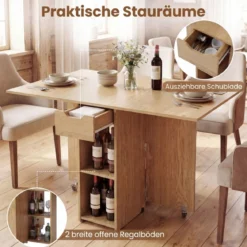 Klappbarer Esstisch mit 2 Rädern & 2-stufiger Ablagefläche & Schublade Klapptisch Natur