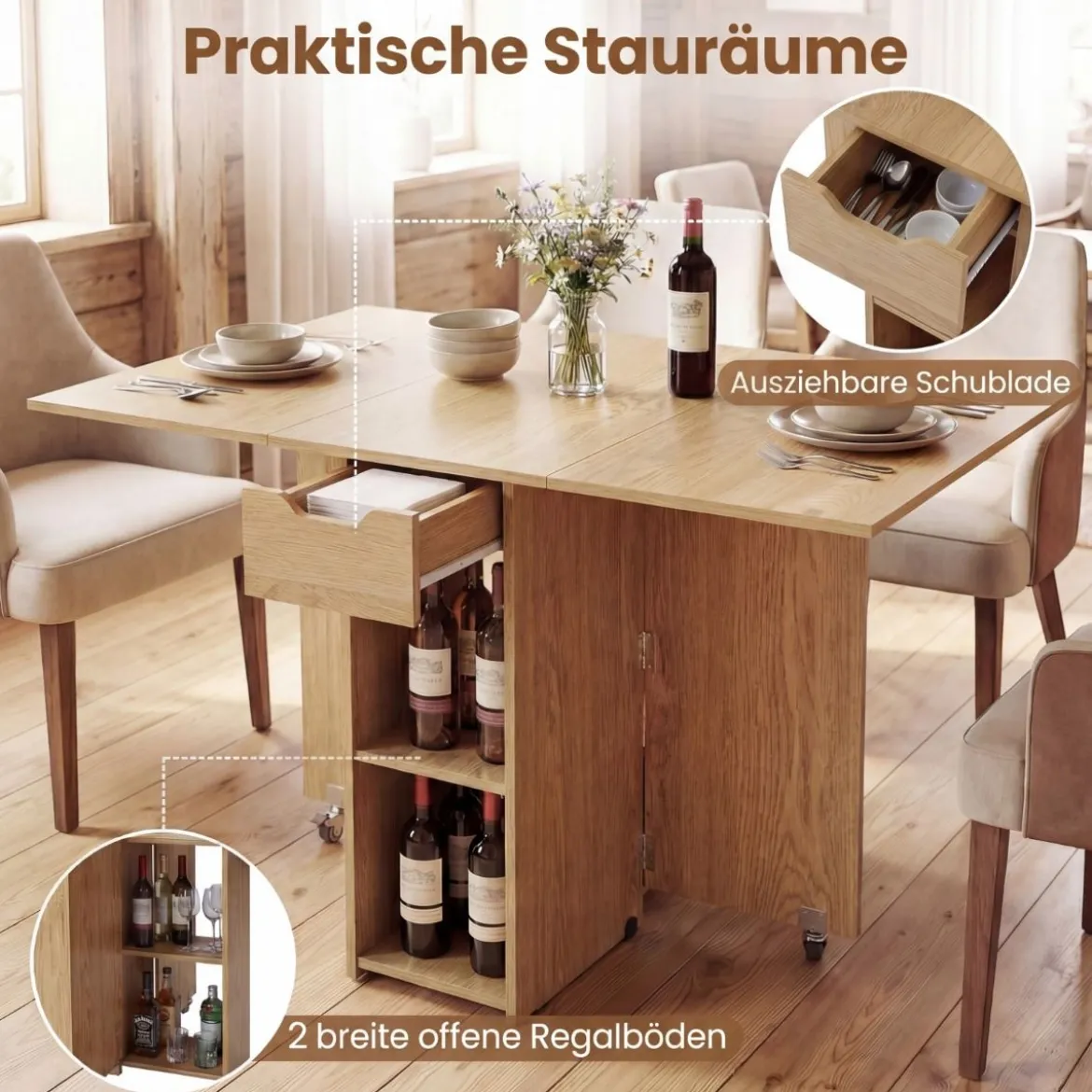 Klappbarer Esstisch mit 2 Rädern & 2-stufiger Ablagefläche & Schublade Klapptisch Natur