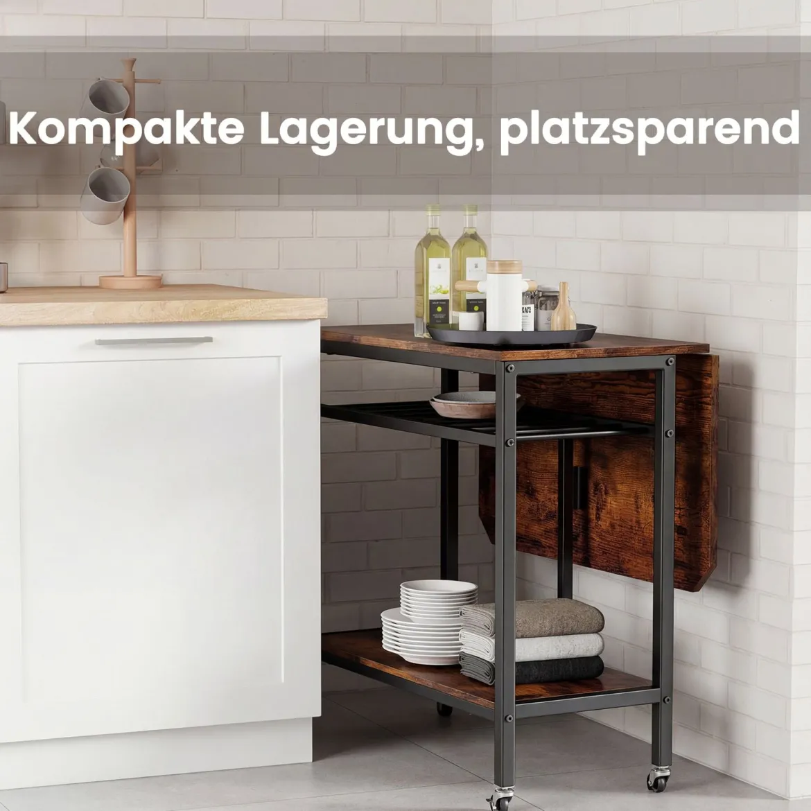 Klappbarer Esstisch mit Rollen & Ablage & Weinregal Platzsparender Küchentisch Klapptisch Braun