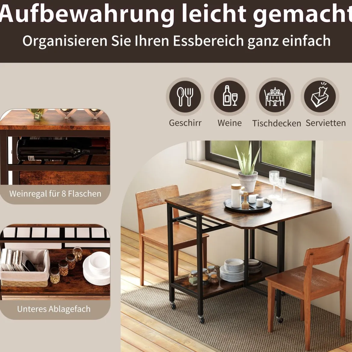 Klappbarer Esstisch mit Rollen & Ablage & Weinregal Platzsparender Küchentisch Klapptisch Braun