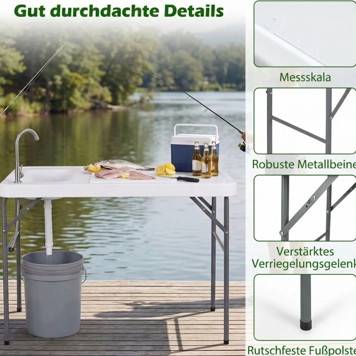 Klappbarer Fischreinigungstisch Filetiertisch mit Messskala Spüle & Wasserhahn Blastbar bis 50 kg Weiß