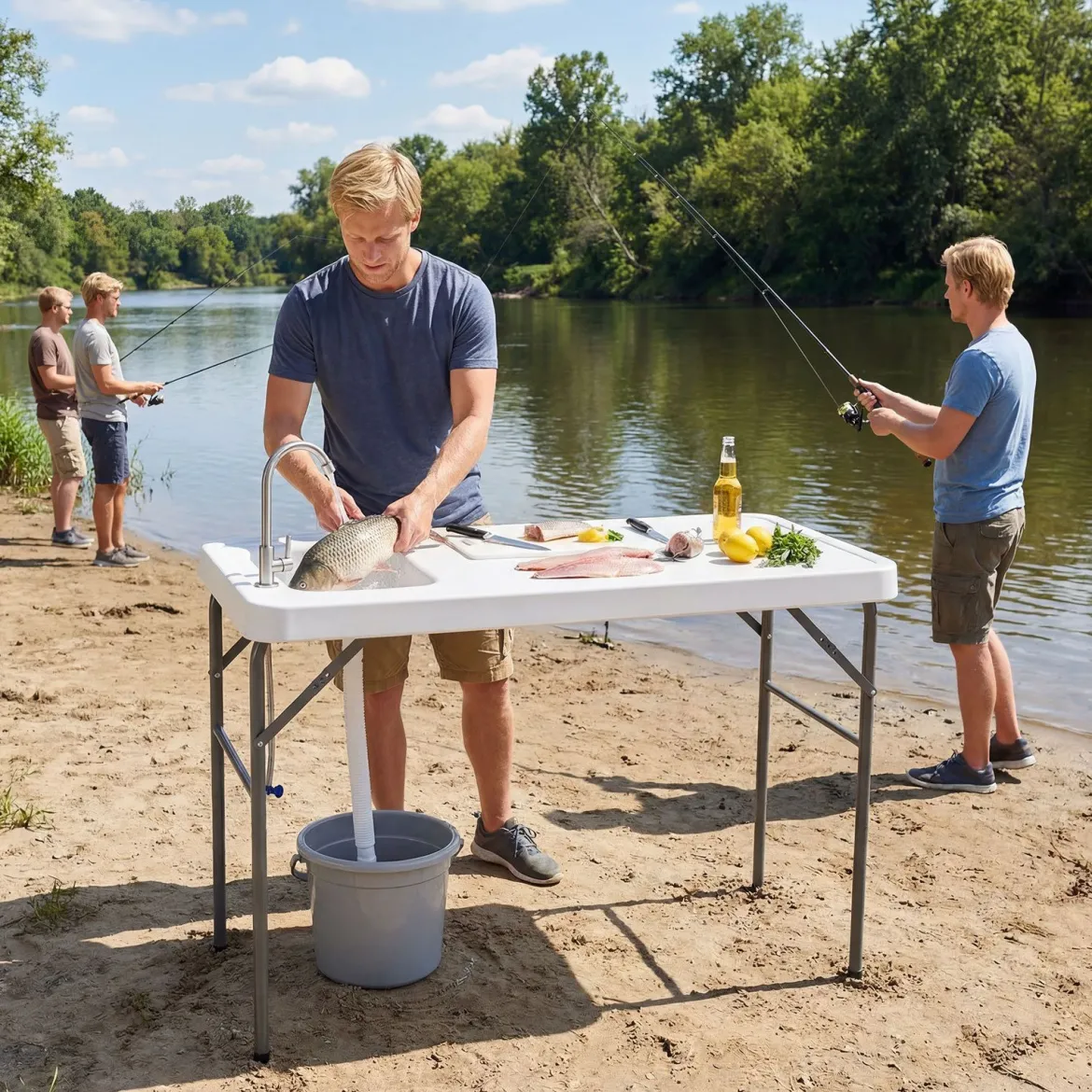 Klappbarer Fischreinigungstisch Filetiertisch mit Messskala Spüle & Wasserhahn Blastbar bis 50 kg Weiß