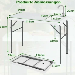 Klappbarer Fischreinigungstisch Filetiertisch mit Messskala Spüle & Wasserhahn Blastbar bis 50 kg Weiß