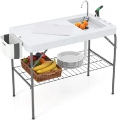 Klappbarer Fischreinigungstisch mit Spüle & Gitterablage & Wasserhahn Filetiertisch Weiß