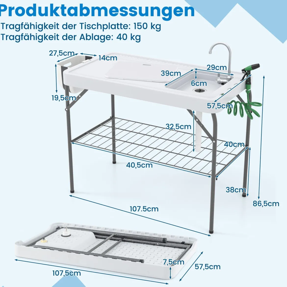Klappbarer Fischreinigungstisch mit Spüle & Gitterablage & Wasserhahn Filetiertisch Weiß