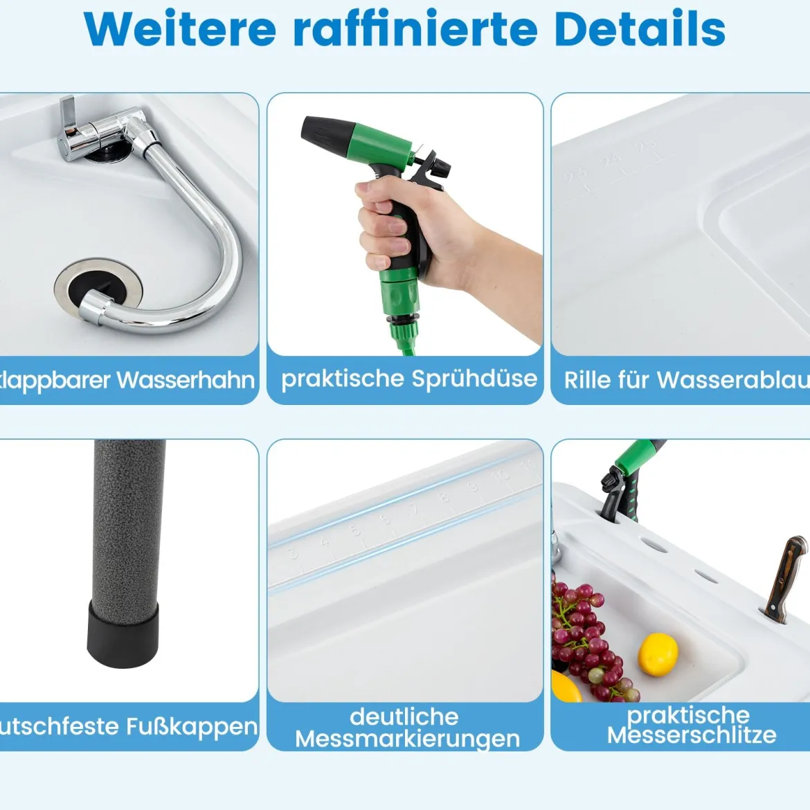 Klappbarer Fischreinigungstisch mit Spüle & Gitterablage & Wasserhahn Filetiertisch Weiß