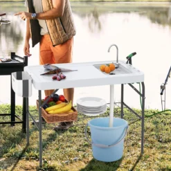 Klappbarer Fischreinigungstisch mit Spüle & Gitterablage & Wasserhahn Filetiertisch Weiß