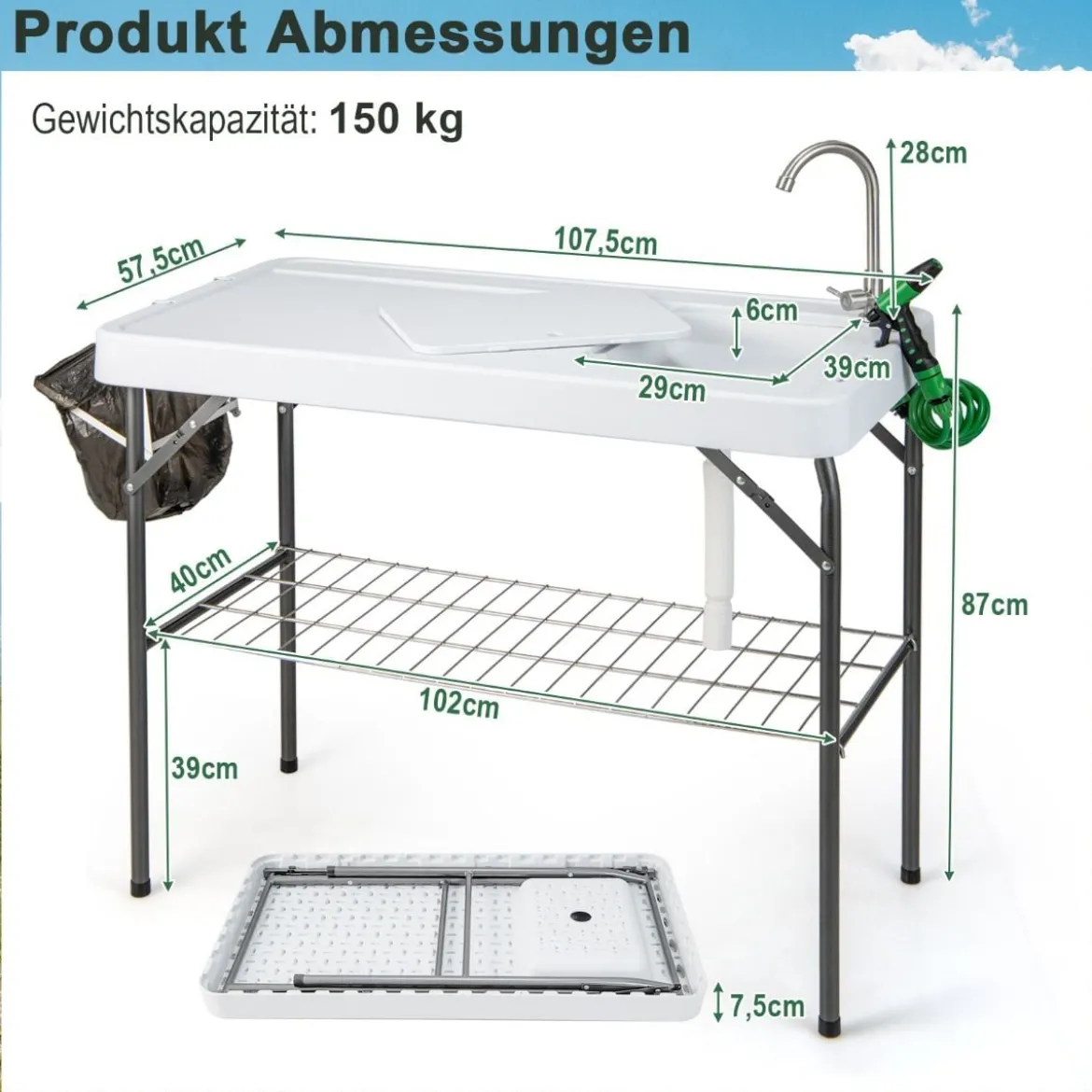 Klappbarer Fischreinigungstisch Filetiertisch mit Spüle Gitterablage 107,5 x 57,5 x 87 cm Weiß