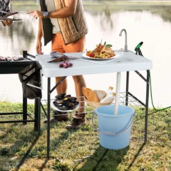 Klappbarer Fischreinigungstisch Filetiertisch mit Spüle Gitterablage 107,5 x 57,5 x 87 cm Weiß