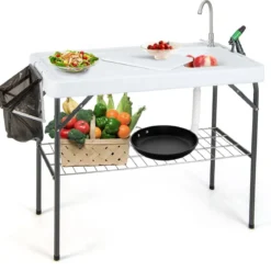 Klappbarer Fischreinigungstisch Filetiertisch mit Spüle Gitterablage 107,5 x 57,5 x 87 cm Weiß
