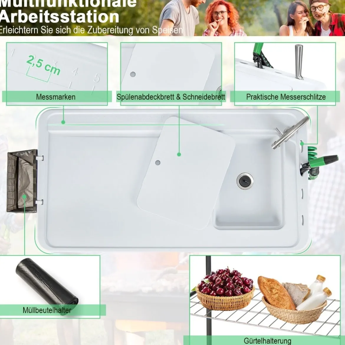 Klappbarer Fischreinigungstisch Filetiertisch mit Spüle Gitterablage 107,5 x 57,5 x 87 cm Weiß