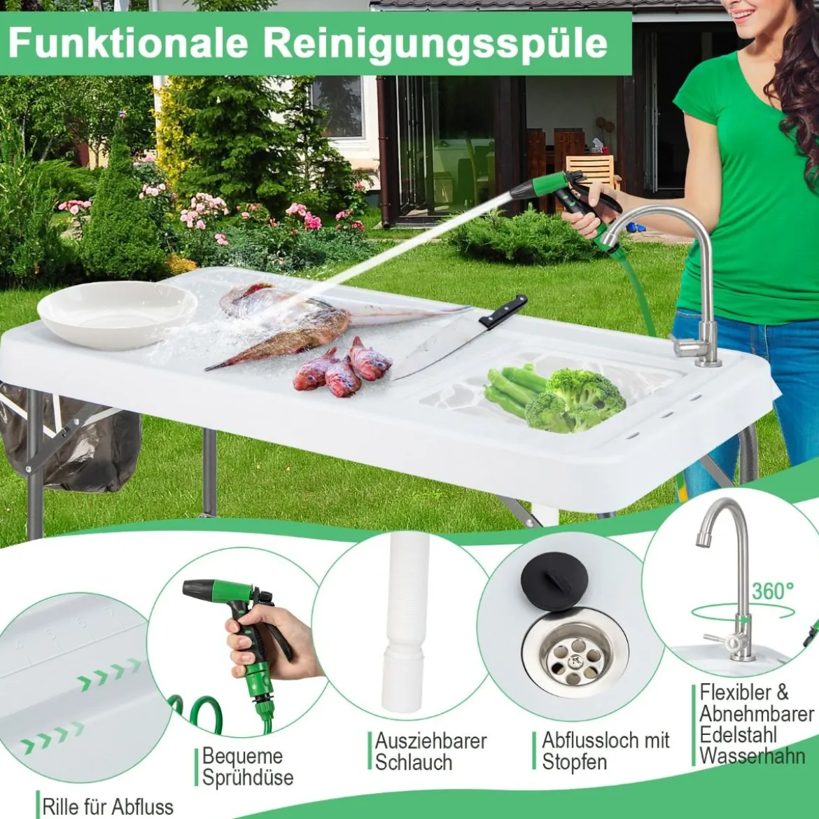 Klappbarer Fischreinigungstisch Filetiertisch mit Spüle Gitterablage 107,5 x 57,5 x 87 cm Weiß
