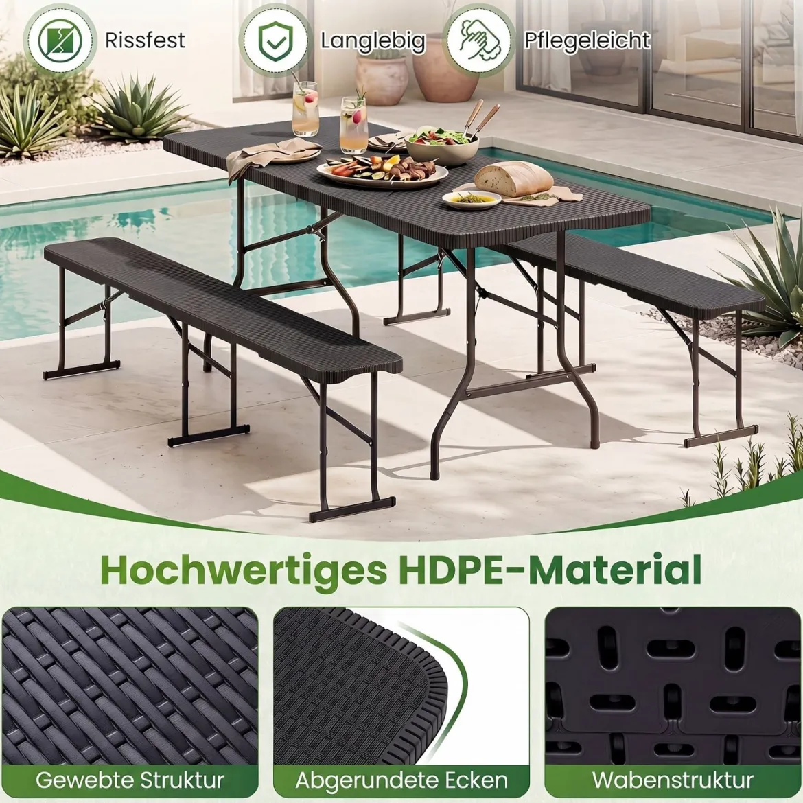 Klappbarer Gartentisch in Rattanoptik + 2er Set Klappbare Bierbank in Rattanoptik mit Tragegriff