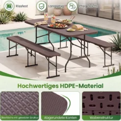Klappbarer Gartentisch in Rattanoptik + 2er Set Klappbare Bierbank in Rattanoptik mit Tragegriff