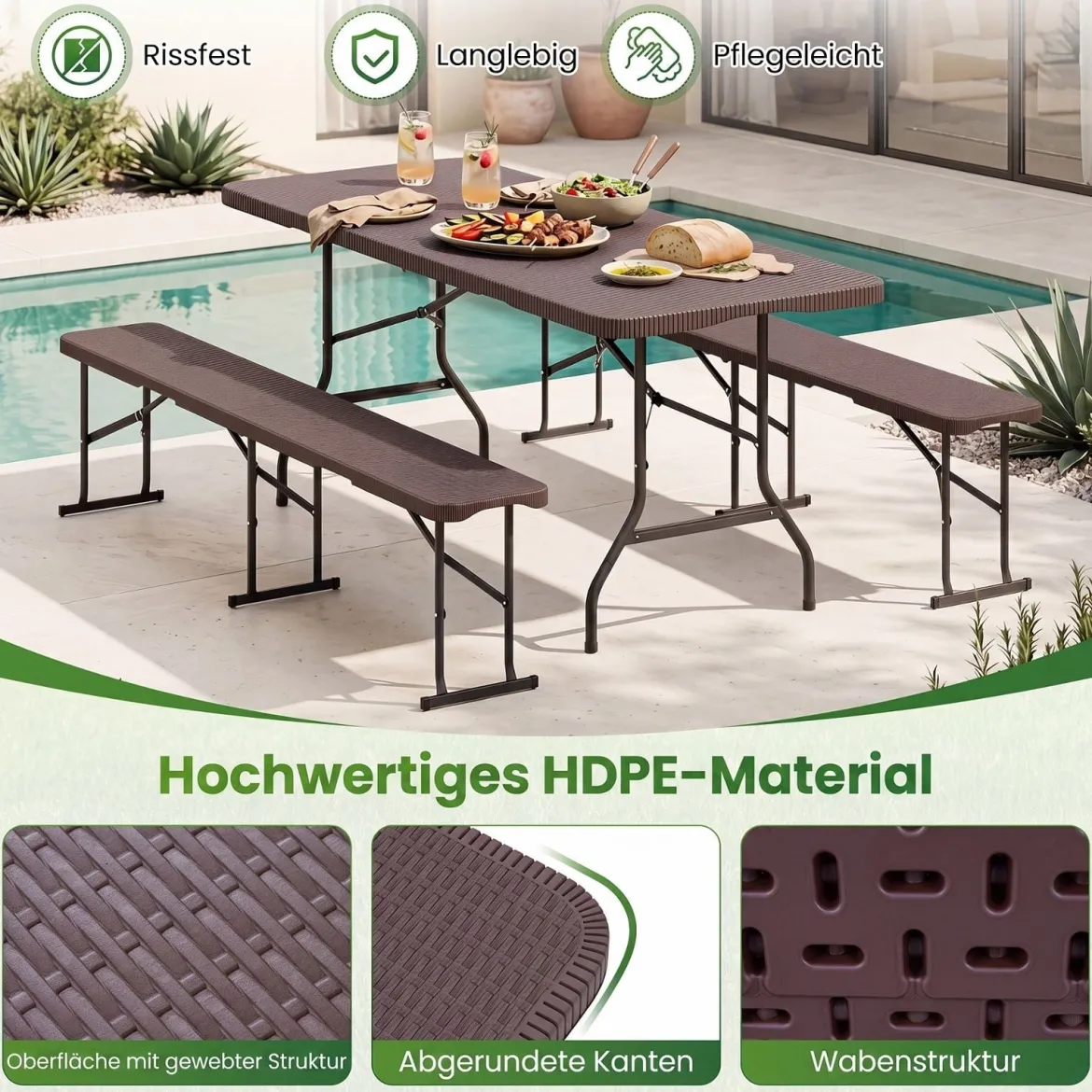 Klappbarer Gartentisch in Rattanoptik + 2er Set Klappbare Bierbank in Rattanoptik mit Tragegriff