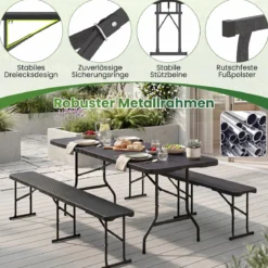 Klappbarer Gartentisch in Rattanoptik + 2er Set Klappbare Bierbank in Rattanoptik mit Tragegriff