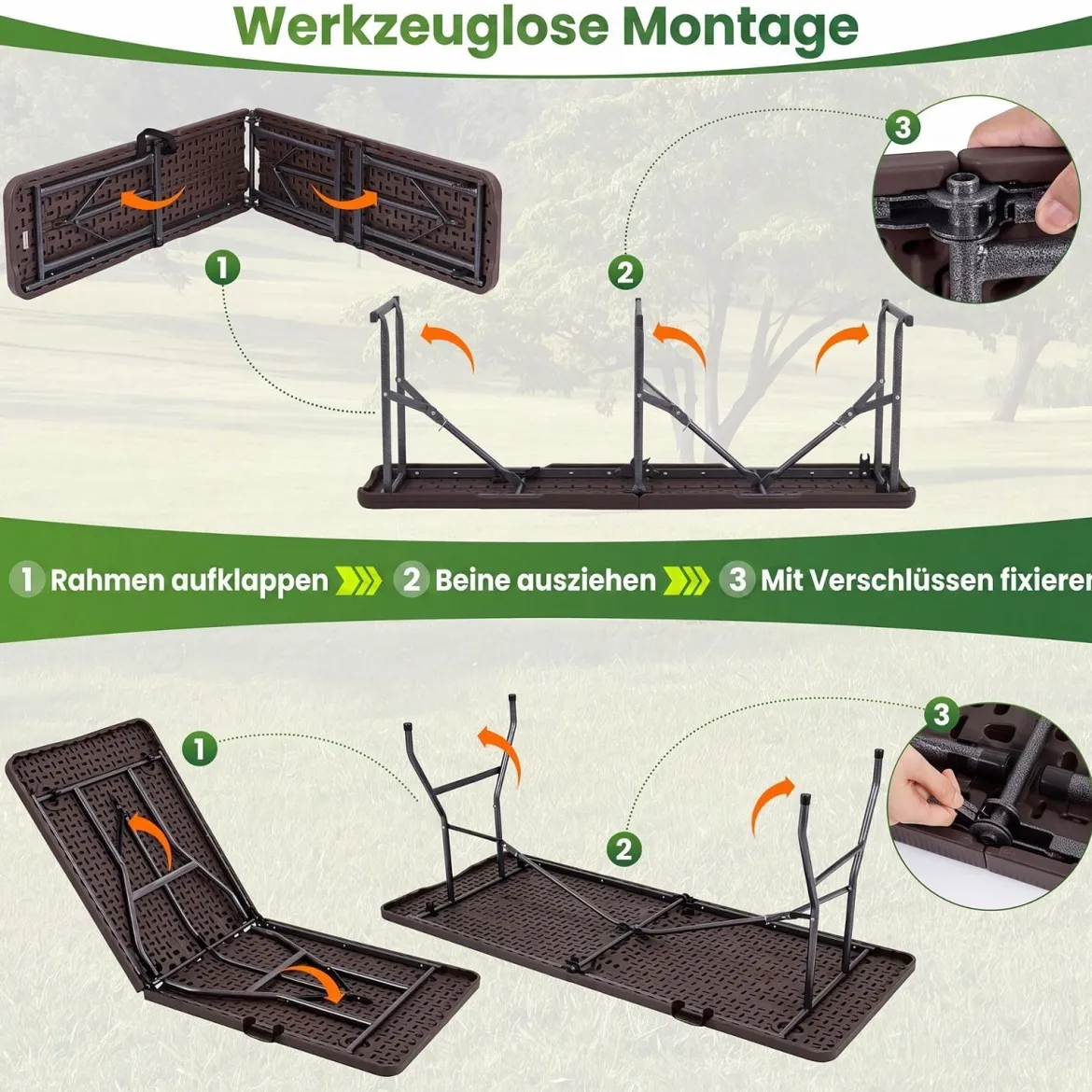 Klappbarer Gartentisch in Rattanoptik + 2er Set Klappbare Bierbank in Rattanoptik mit Tragegriff