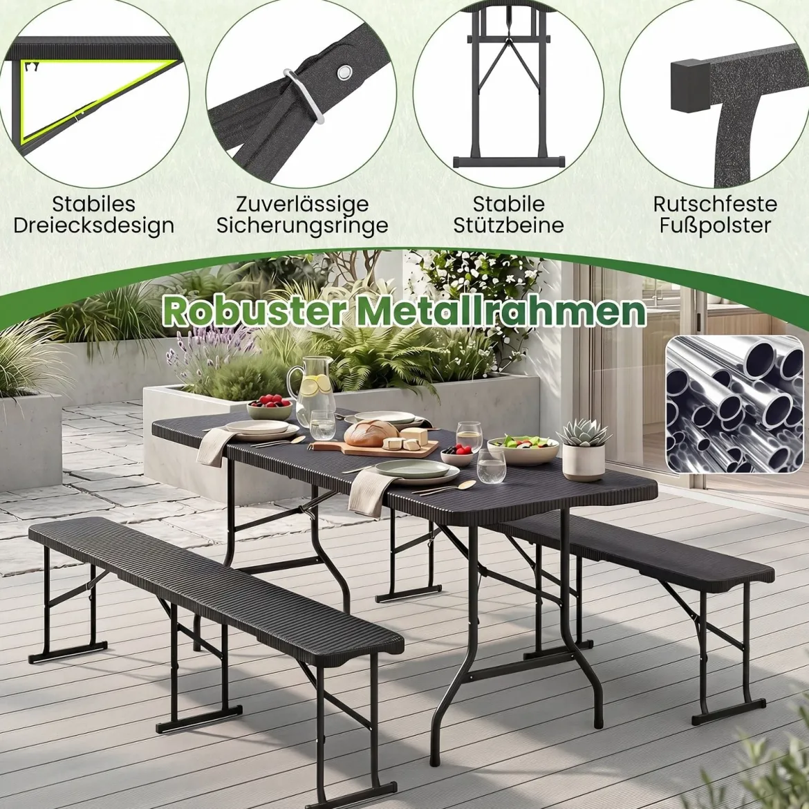 Klappbarer Gartentisch in Rattanoptik + 2er Set Klappbare Bierbank in Rattanoptik mit Tragegriff