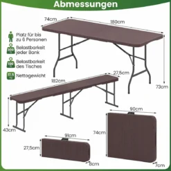 Klappbarer Gartentisch in Rattanoptik + Klappbare Bierbank in Rattanoptik mit Tragegriff Set