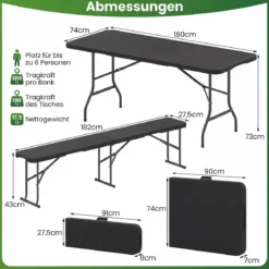 Klappbarer Gartentisch in Rattanoptik + Klappbare Bierbank in Rattanoptik mit Tragegriff Set