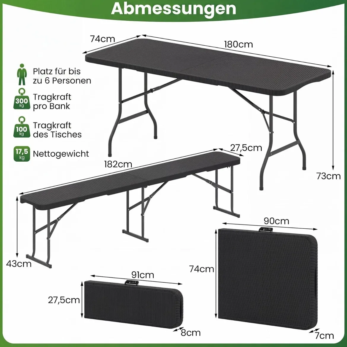 Klappbarer Gartentisch in Rattanoptik + Klappbare Bierbank in Rattanoptik mit Tragegriff Set