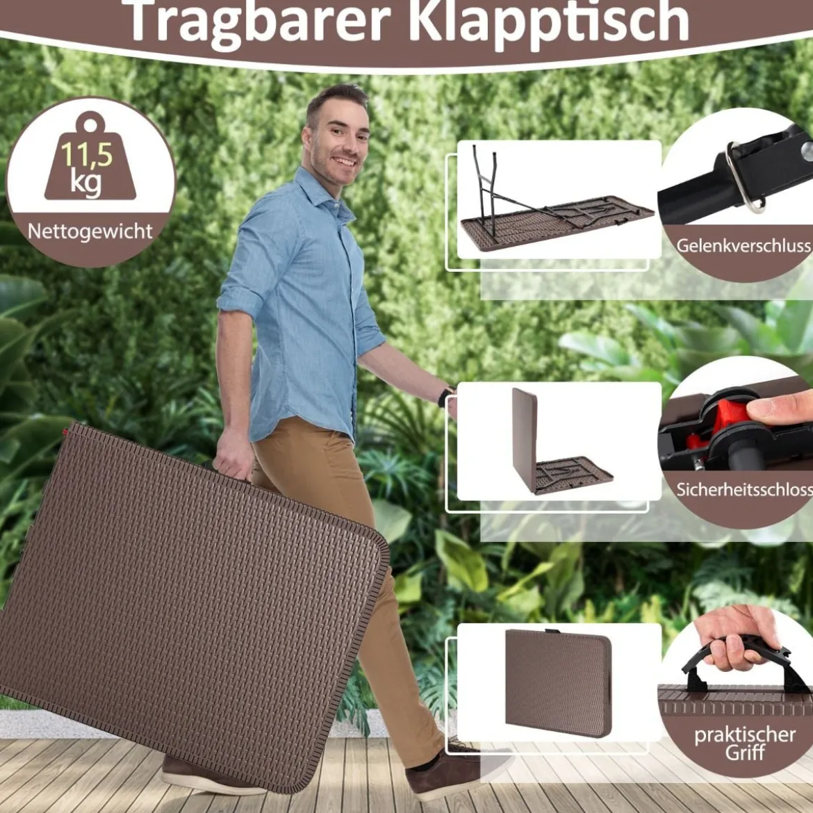 Klappbarer Gartentisch in Rattanoptik mit HDPE-Tischplatte & Tragegriff Campingtisch