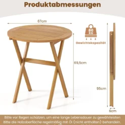 Klappbarer Gartentisch Wetterfester Holztisch Klapptisch aus Akazienholz Runder Esstisch Ø67 cm