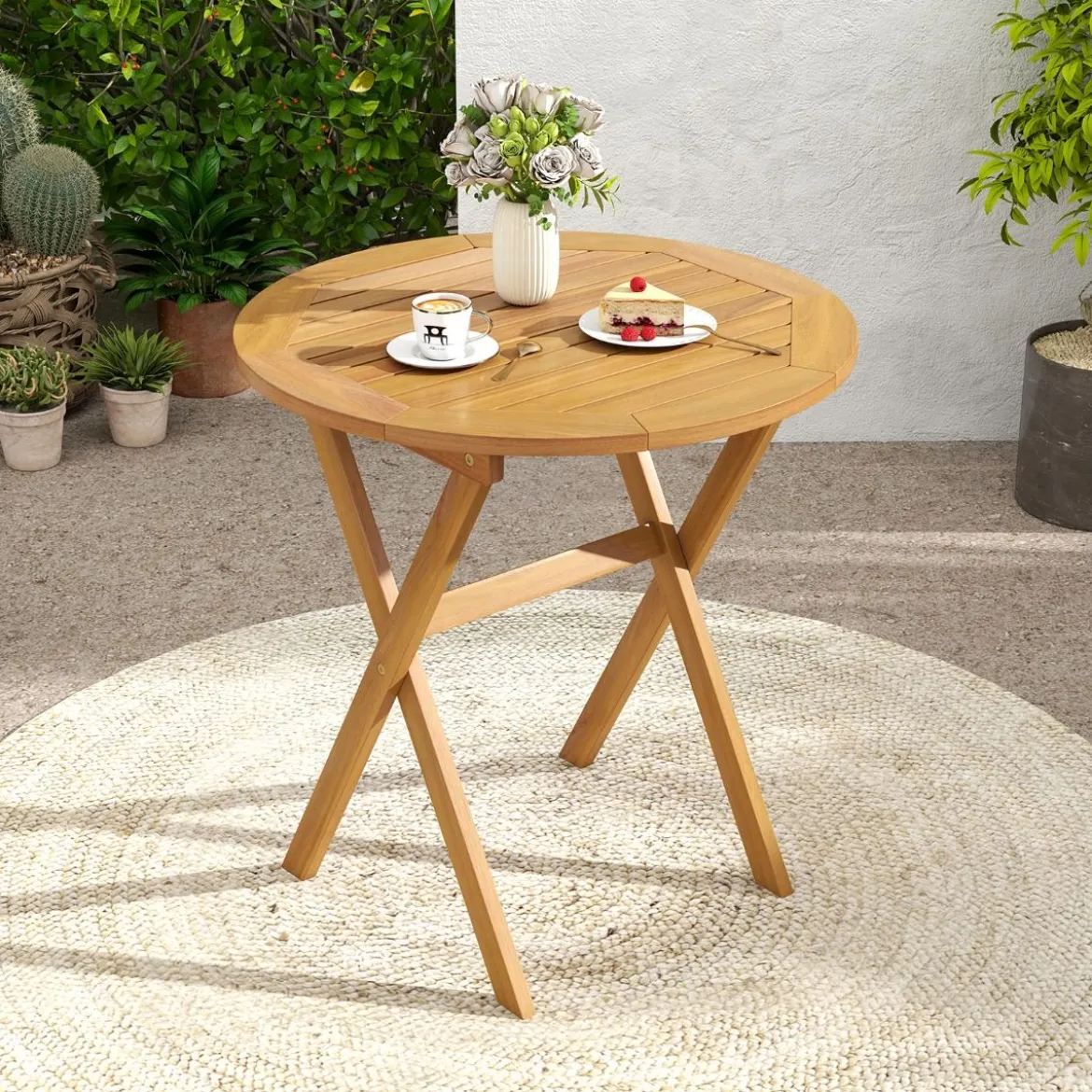 Klappbarer Gartentisch Wetterfester Holztisch Klapptisch aus Akazienholz Runder Esstisch Ø67 cm