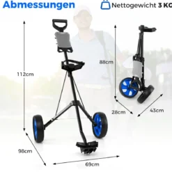 Klappbarer Golf Trolley aus Stahl mit Scorecardhalter 2 Rad Golftrolley Golf Bag Push Cart