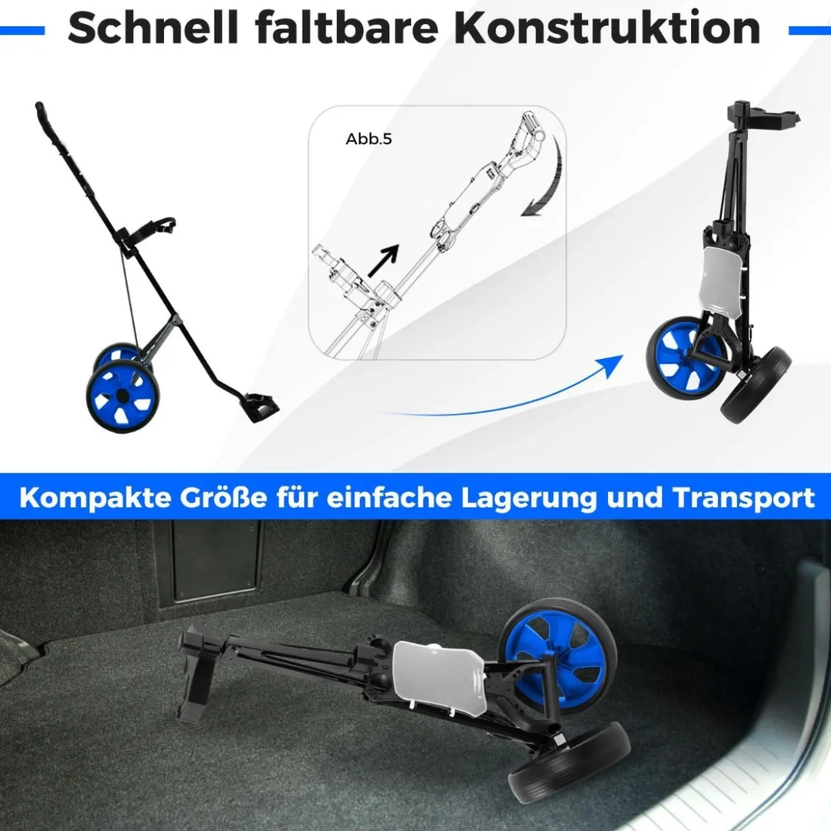 Klappbarer Golf Trolley aus Stahl mit Scorecardhalter 2 Rad Golftrolley Golf Bag Push Cart