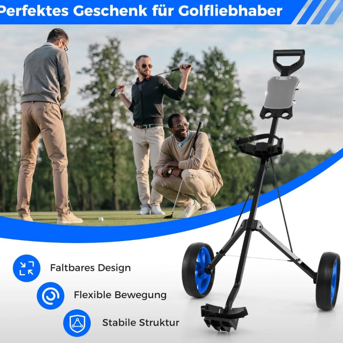 Klappbarer Golf Trolley aus Stahl mit Scorecardhalter 2 Rad Golftrolley Golf Bag Push Cart