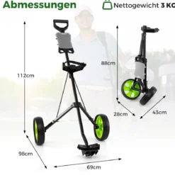 Klappbarer Golf Trolley aus Stahl mit Scorecardhalter 2 Rad Golftrolley Golf Bag Push Cart