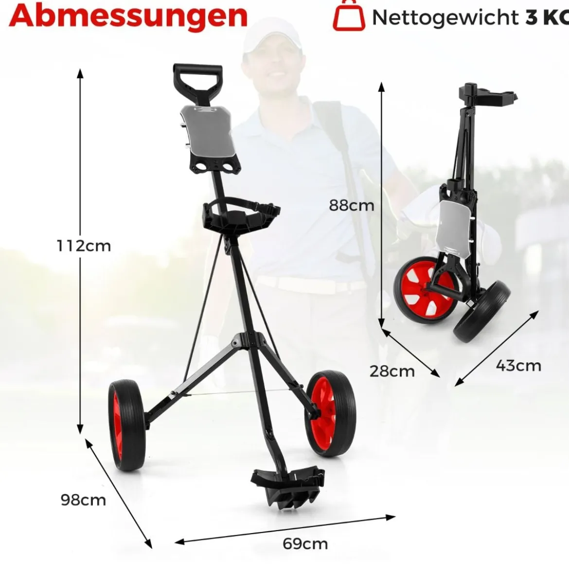 Klappbarer Golf Trolley aus Stahl mit Scorecardhalter 2 Rad Golftrolley Golf Bag Push Cart