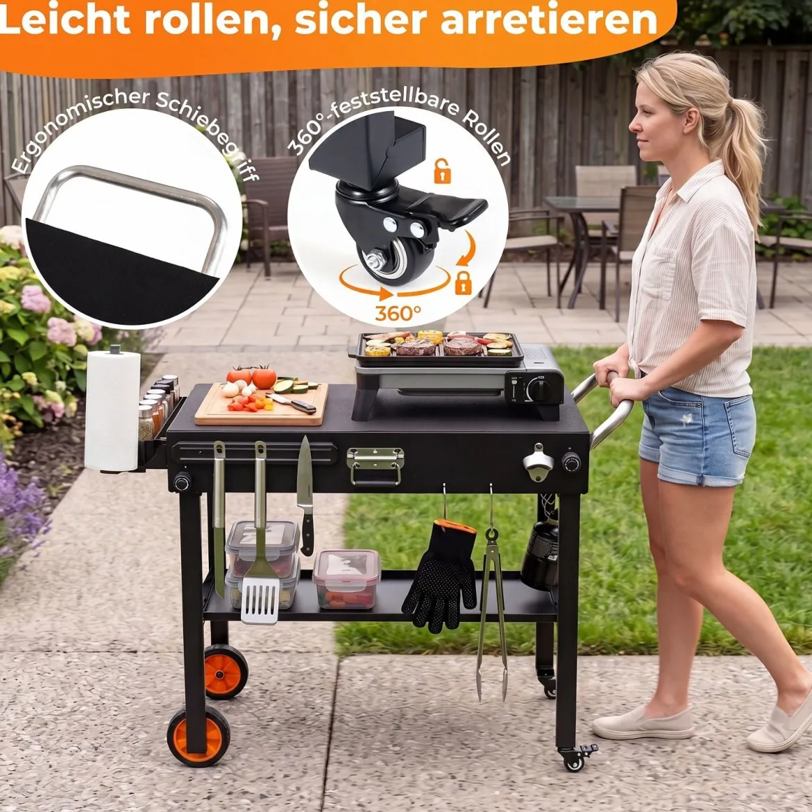 Klappbarer Grillwagen 82 x 46 cm Tragbarer Grilltisch mit Rollen Arbeitsfläche & Hitzeschutzmatte