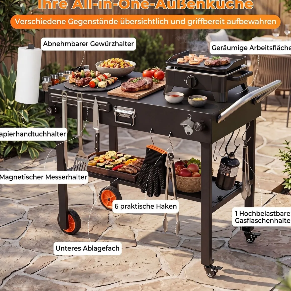 Klappbarer Grillwagen 82 x 46 cm Tragbarer Grilltisch mit Rollen Arbeitsfläche & Hitzeschutzmatte