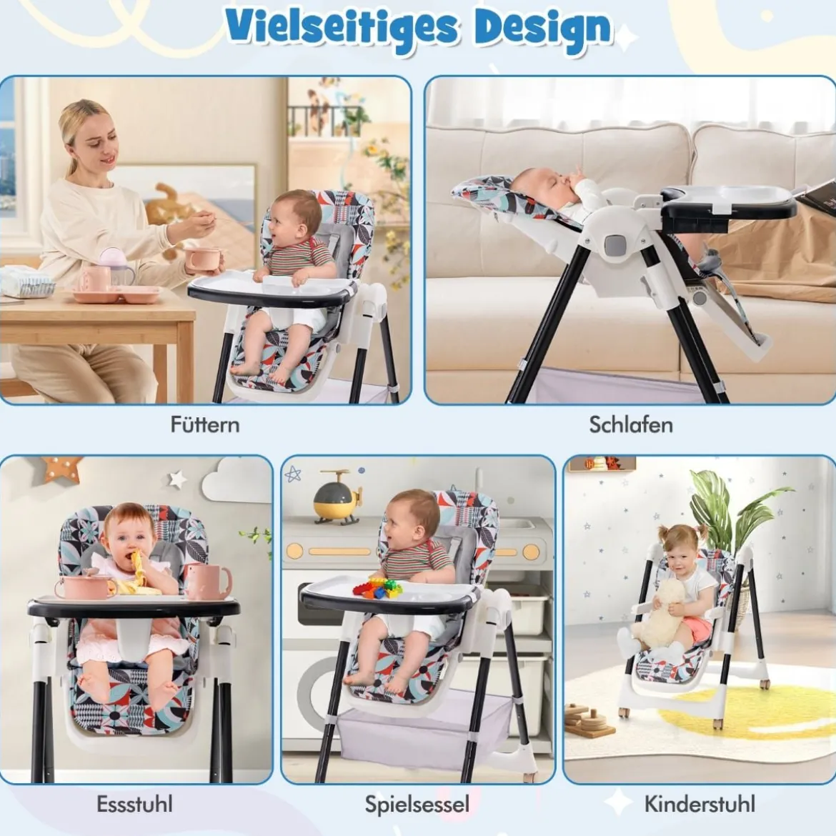 Klappbarer Hochstuhl mit Liegefunktion & Abnehmbarem Doppeltablett Geometrie