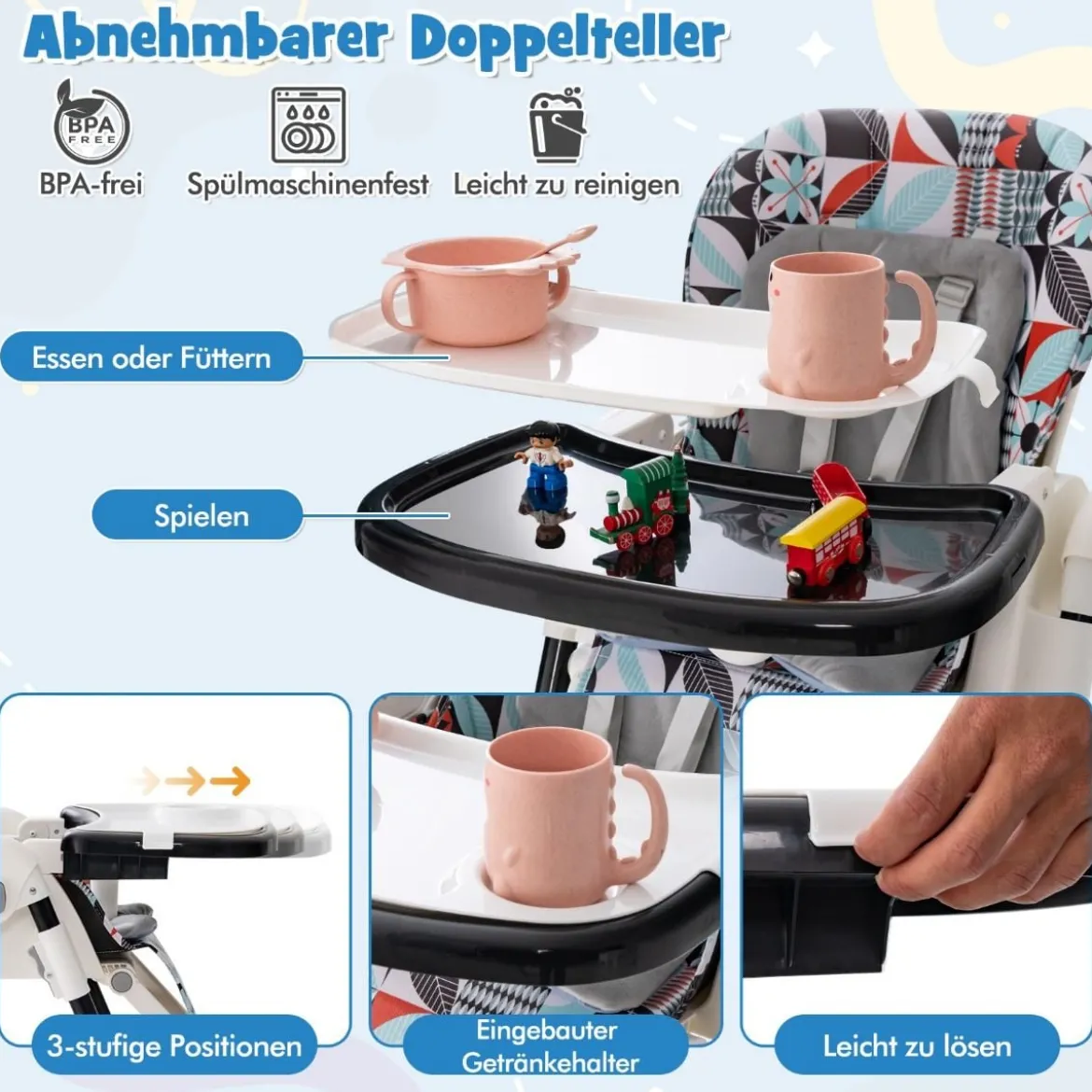 Klappbarer Hochstuhl mit Liegefunktion & Abnehmbarem Doppeltablett Geometrie