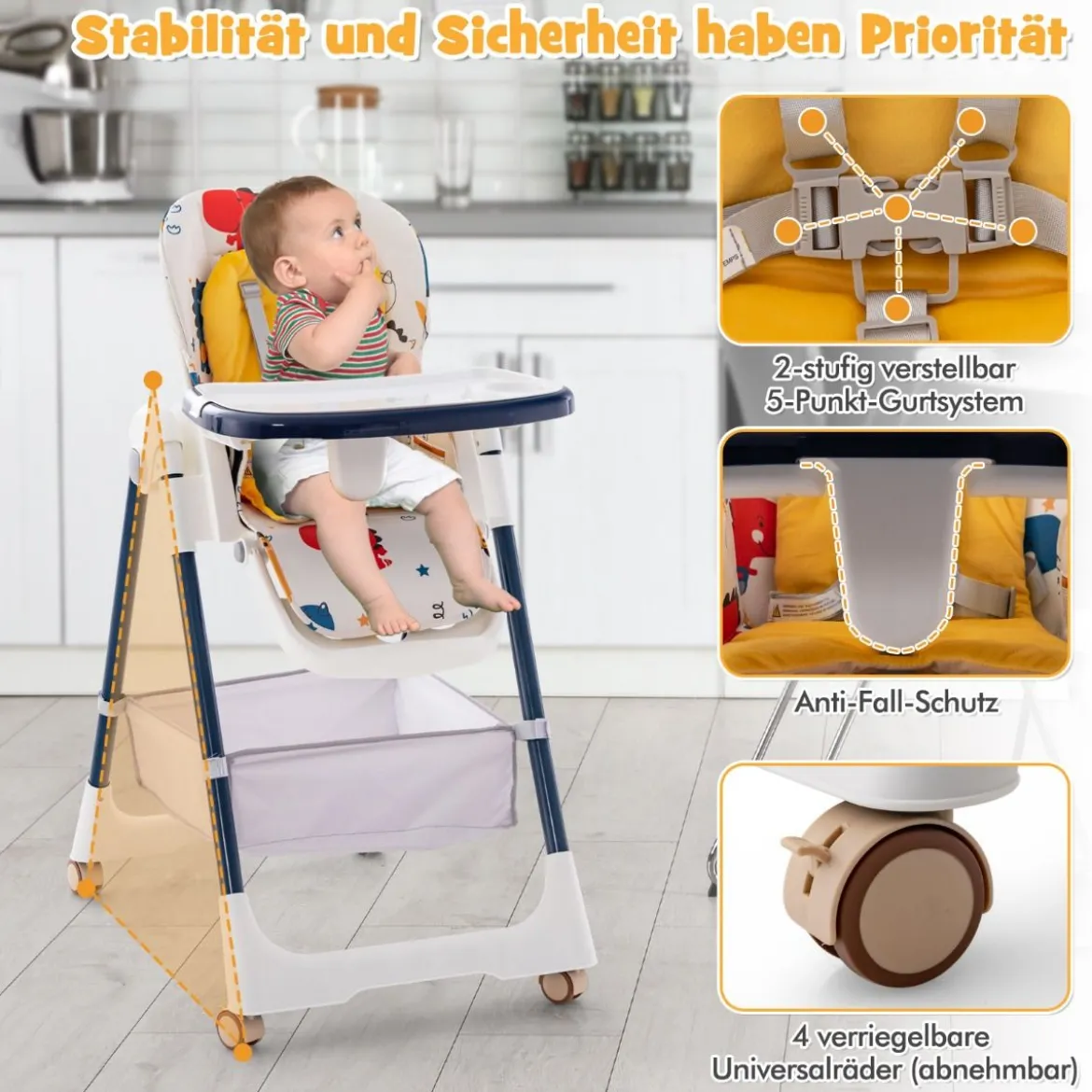Klappbarer Hochstuhl mit Liegefunktion & Abnehmbarem Doppeltablett Dinosaurier