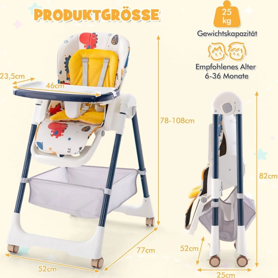 Klappbarer Hochstuhl mit Liegefunktion & Abnehmbarem Doppeltablett Dinosaurier