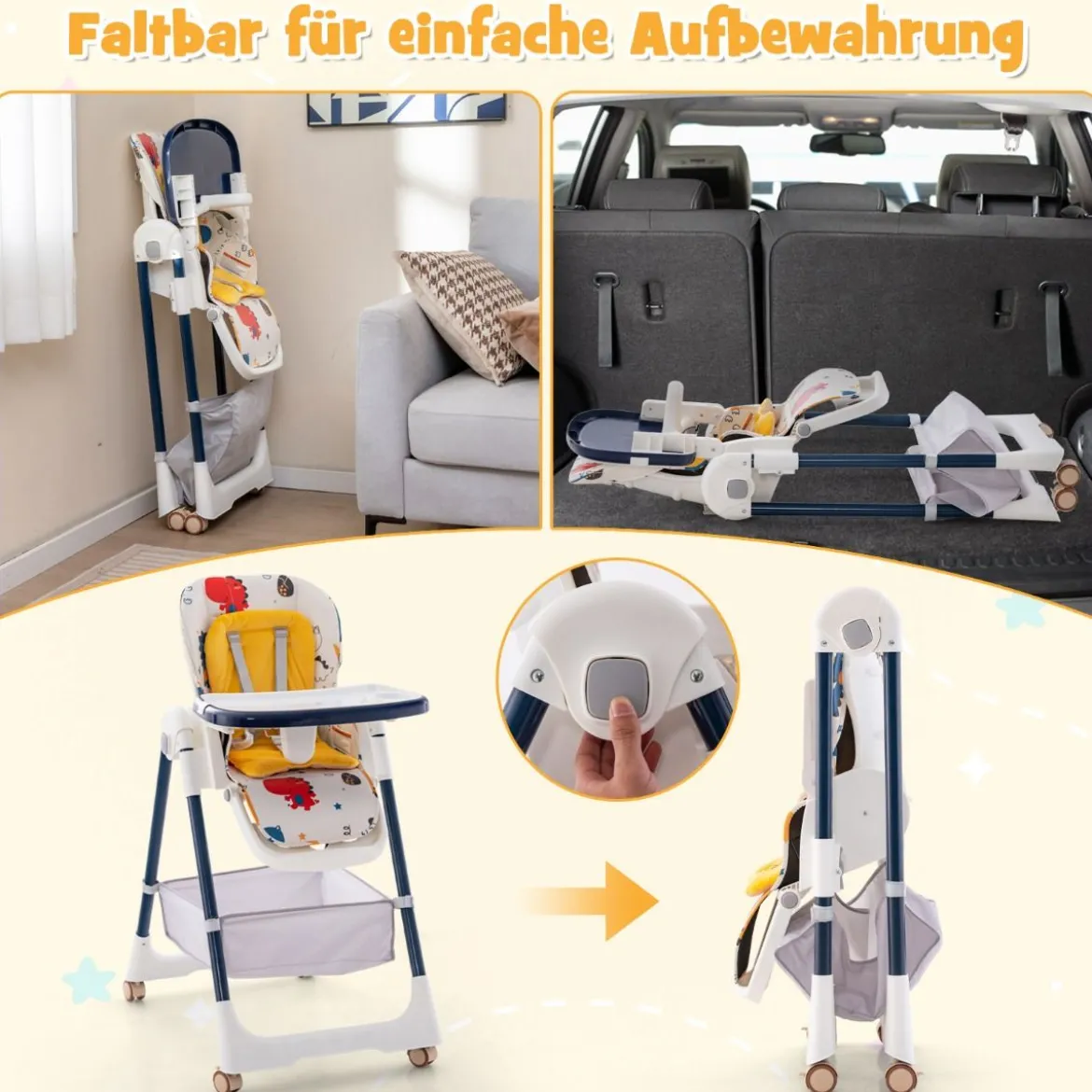 Klappbarer Hochstuhl mit Liegefunktion & Abnehmbarem Doppeltablett Dinosaurier