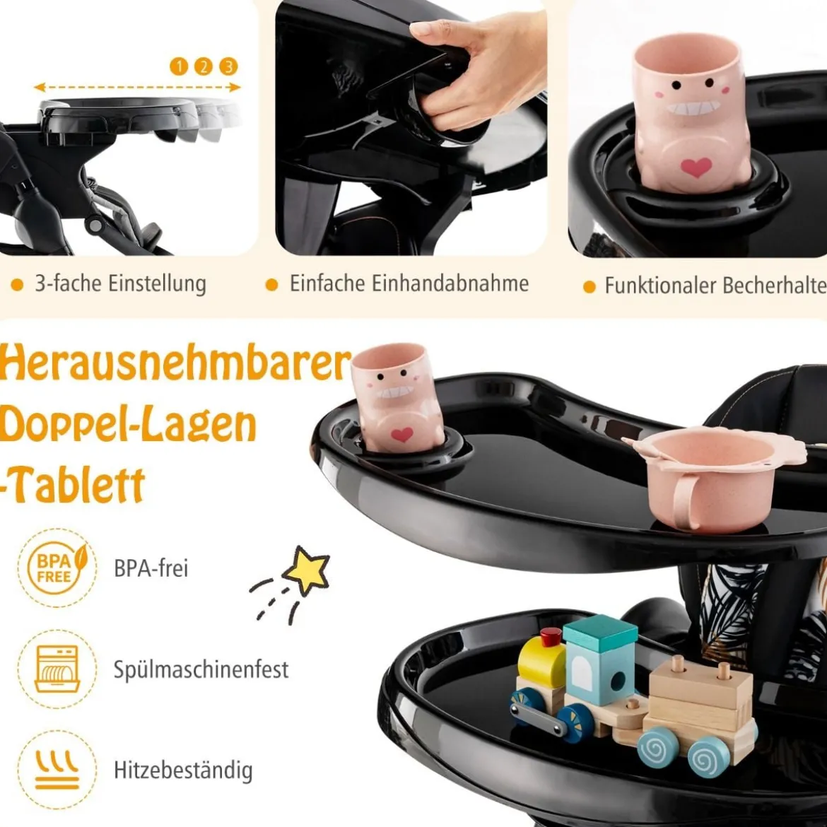 Klappbarer Hochstuhl mit Rädern & Verstellbarer Höhe & Fußstütze & Rückenlehne Babysitz Schwarz