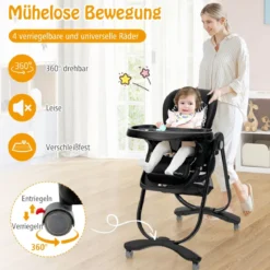 Klappbarer Hochstuhl mit Rädern & Verstellbarer Höhe & Fußstütze & Rückenlehne Babysitz Schwarz