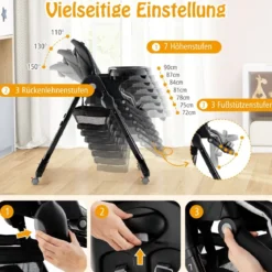 Klappbarer Hochstuhl mit Rädern & Verstellbarer Höhe & Fußstütze & Rückenlehne Babysitz Schwarz