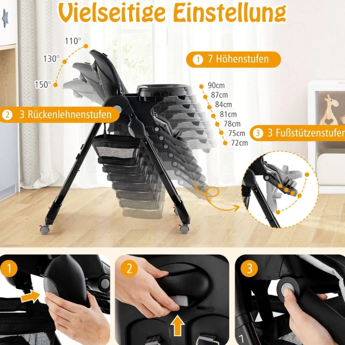 Klappbarer Hochstuhl mit Rädern & Verstellbarer Höhe & Fußstütze & Rückenlehne Babysitz Schwarz